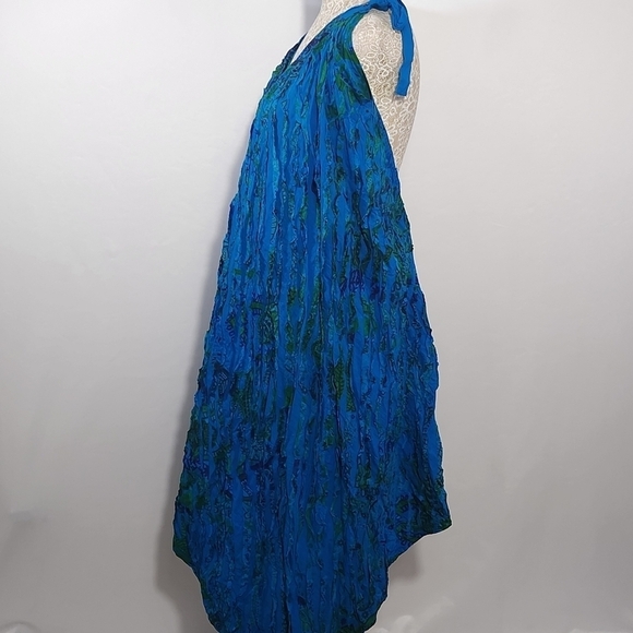 Women's Blue Textured Asymmetrical Wide Leg Shoulder Tie Pockets Jumpsuit Romper - Picture 6 of 14